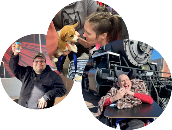 Young man smiling, holding up coffee cup at McDonald’s restaurant, Young lady petting corgi puppy and Gentleman in wheelchair smiling in front of historical steam train.