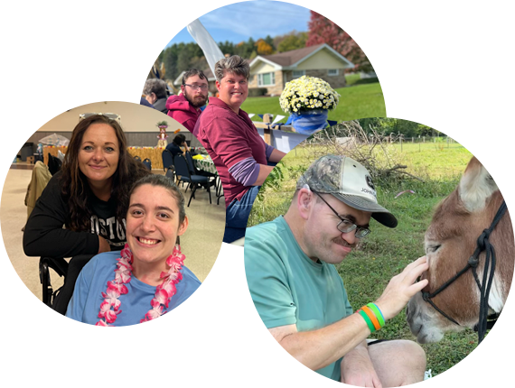 Young lady smiles with woman in wheelchair, Two friends smile on autumn parade float and Gentleman petting horse.