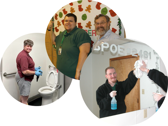 Woman providing custodial services, cleaning toilet, Two custodial gentleman pause work to smile for photo and Man cleans mirror.