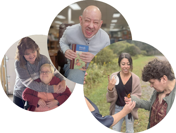 Lady gives friend in wheelchair a hug, Older gentleman with a big smile and holding a library book and Two ladies releasing monarch butterfly.