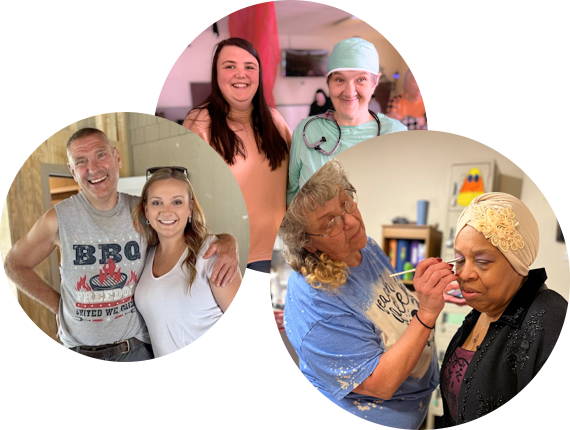Male and female friends share side-hug at agency picnic, Two ladies smiling at Halloween Party, one dressed as a doctor, and Two ladies assisting with application of makeup.