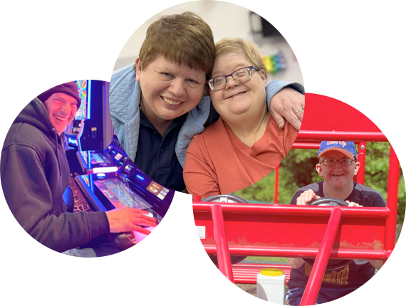 Older gentleman with a coffee cup, playing game at casino, Two ladies take selfie together with big smiles, Man jokingly playing on bright red playground equipment.