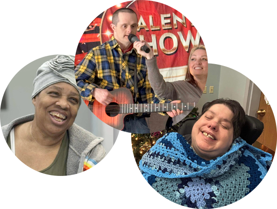 Smiling woman in wheelchair, Young man holding a microphone and smiling, and a Woman smiles in from of Christmas tree with new afghan blanket.