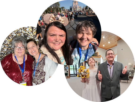 Two ladies in formal wear at prom, Two ladies smile for selfie in front of Disney World castle, and a Bride and groom smiles after wedding ceremony.