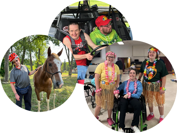 Gentleman petting horse, Two young men enjoying go-cart ride and Three young ladies smiling at Luau party in Hawaiian attire.