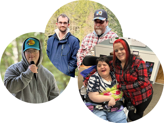 Young man holding a microphone and smiling, Two young men at waterfall overlook and Young lady smiles with woman in wheelchair.