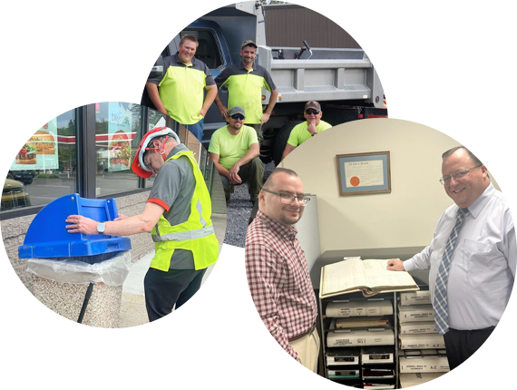 Gentleman emptying trash can at his work, crew of landscaping workers in safety vests, and Young man smiling at office job.